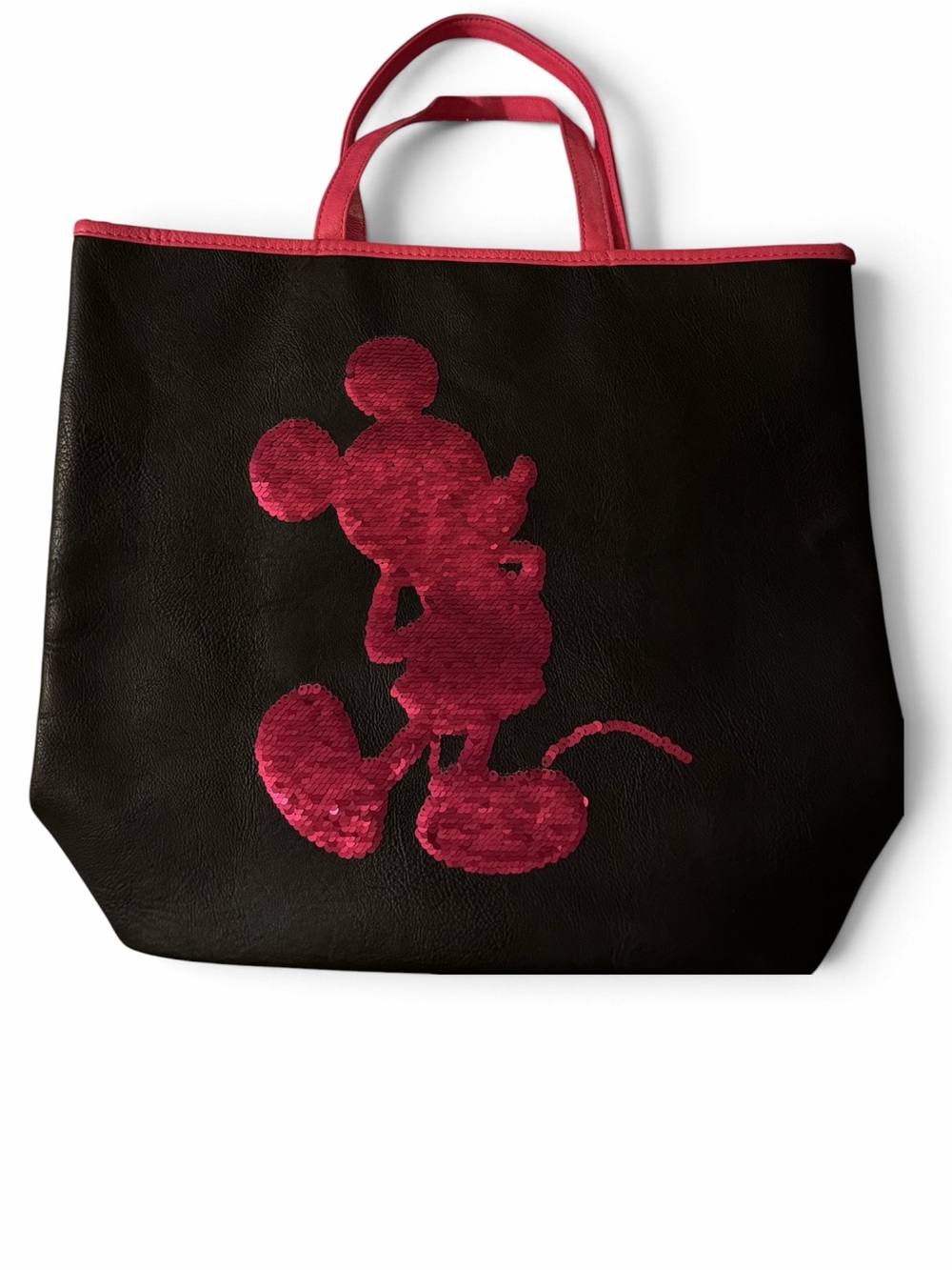 Disney Fun Black Tote With Pink Sequined Mickey Mouse- Faux Leather